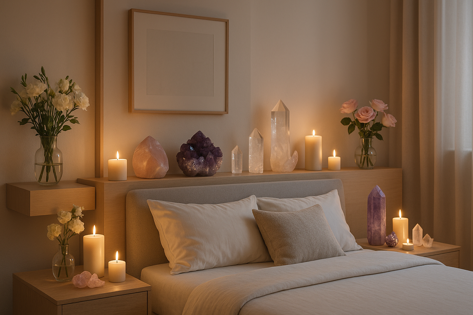 modern bedroom with decor showing crystals, candles, flowers