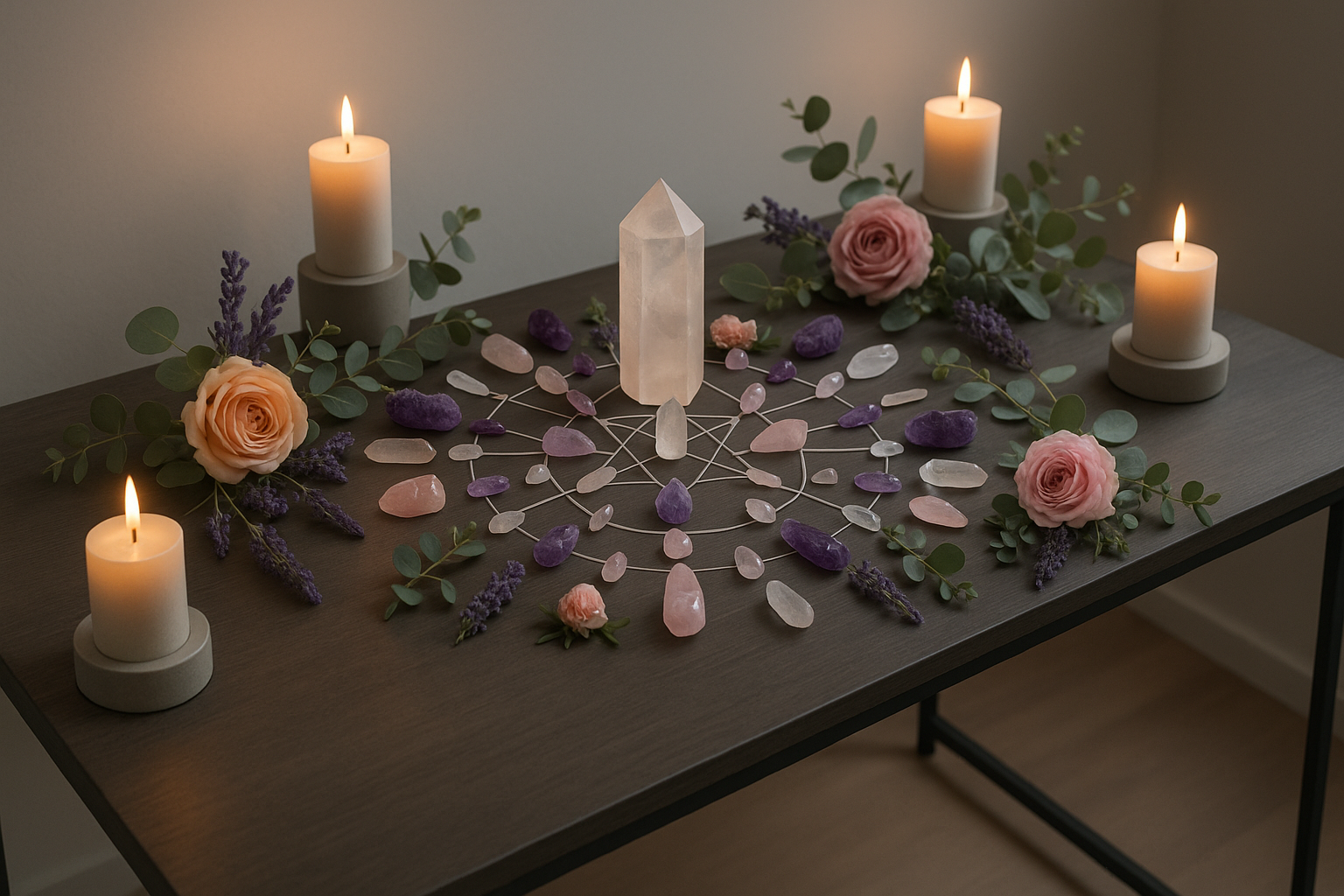 modern style bench with a crystal grid, flowers & candles