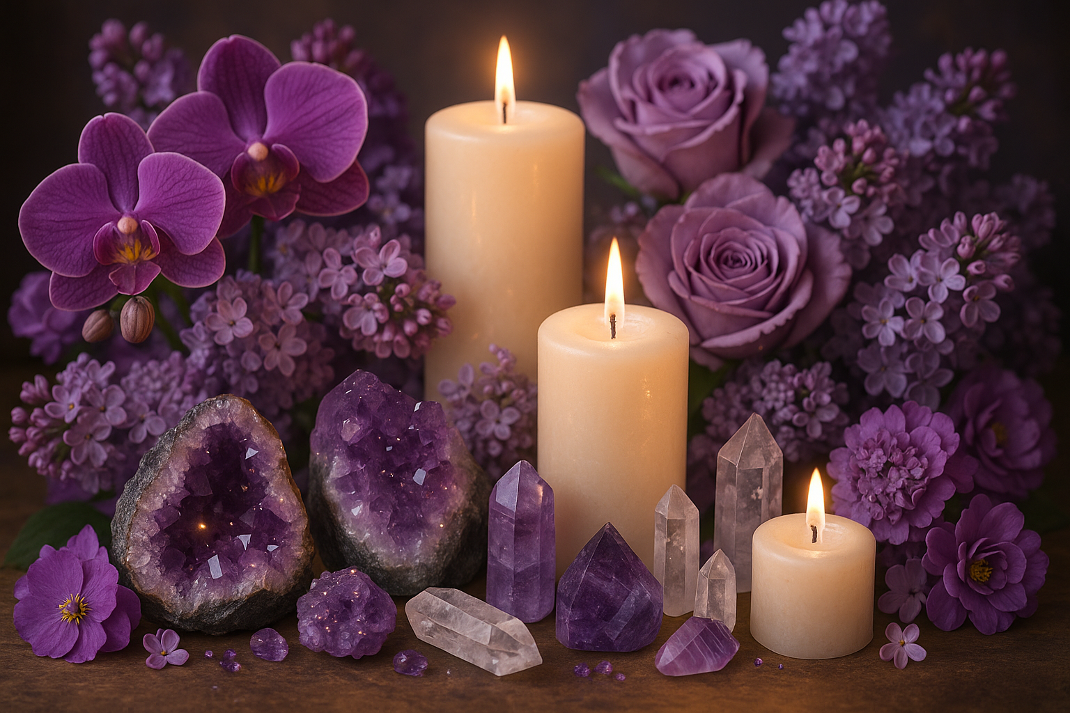beautiful floral image with candles, purple flowers and crystals